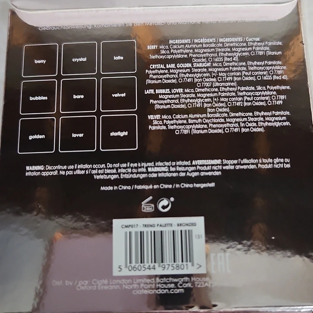 Ciatè London Bronzed 9 Piece Eye Shawdow Pallette NIB Matallic & Matte